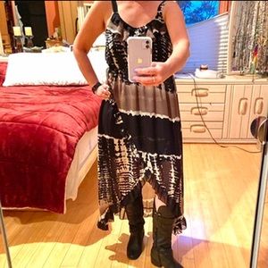 Asymmetrical high-low lined ruffle tie dye dress
